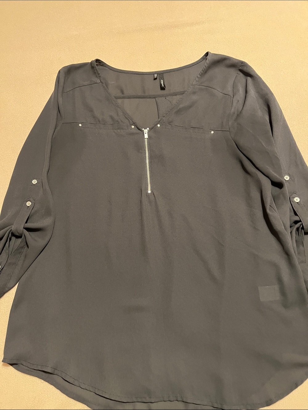 Maurices Sheer Black V-Neck Zip Blouse L